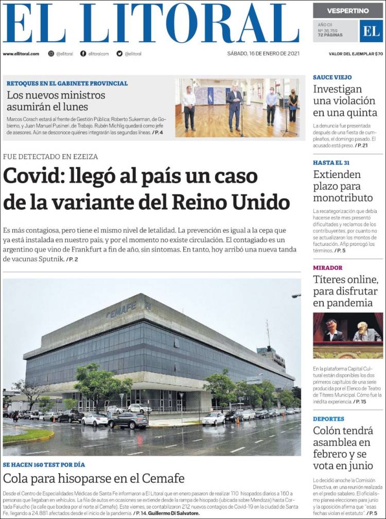 Portada de Diario El Litoral (Argentina)