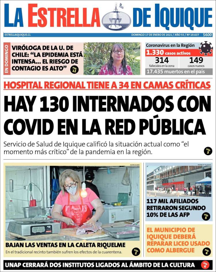 Portada de La Estrella de Iquique (Chile)