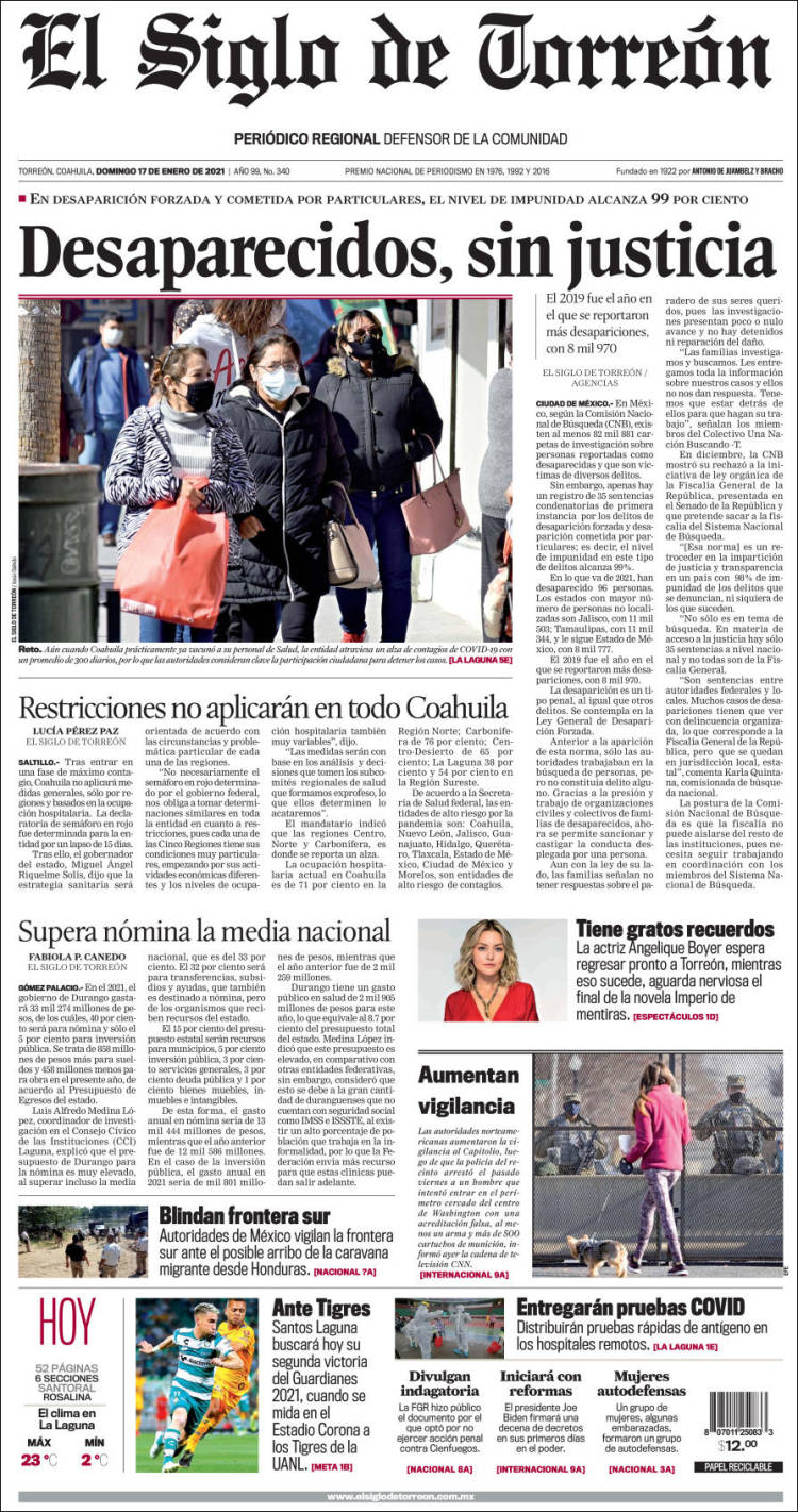 Portada de El Siglo de Torreon (México)