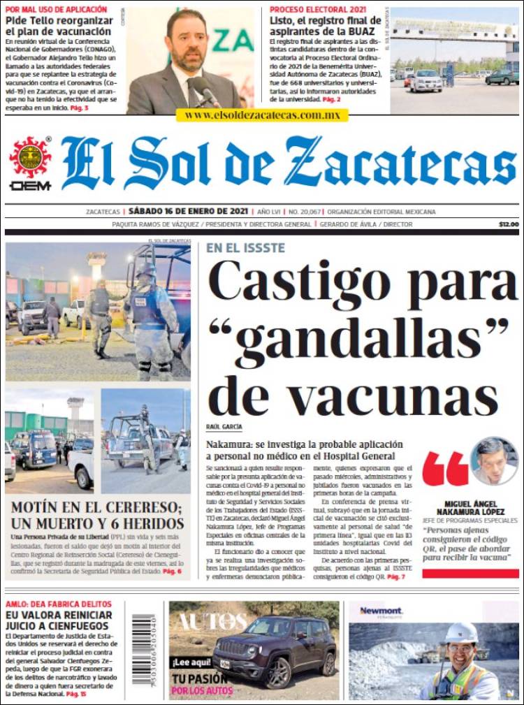 Portada de El Sol de Zacatecas (México)