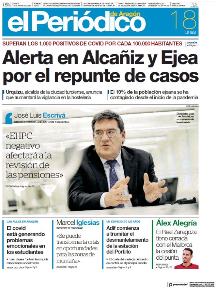 Portada de El Periódico de Aragón (España)