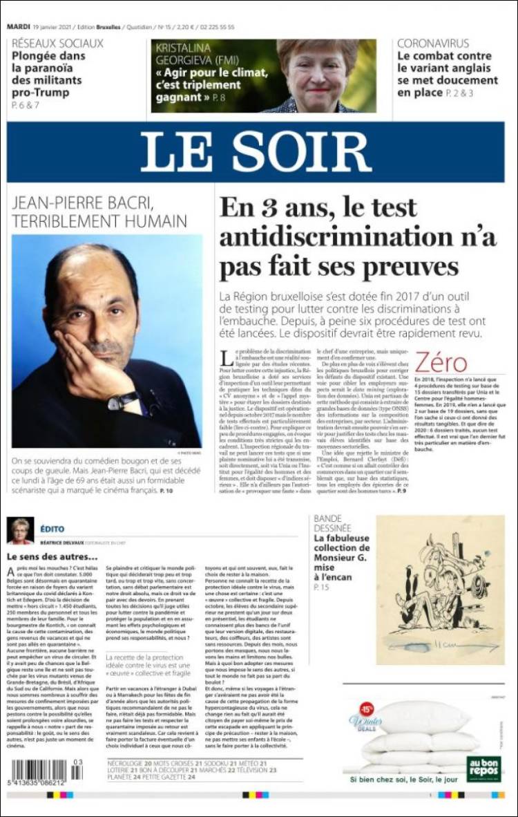 Portada de Le Soir (Belgique)