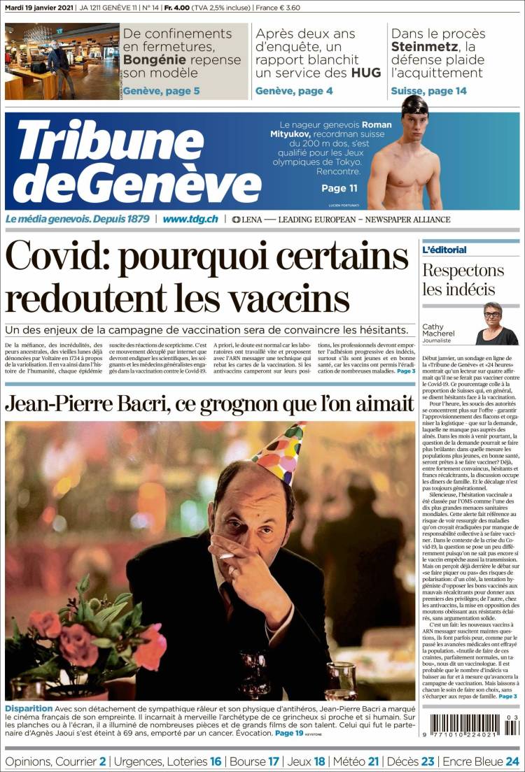 Portada de La Tribune de Genève (Suiza)