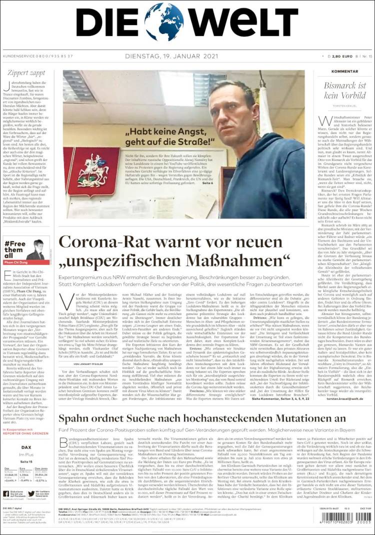 Portada de Die Welt (Alemania)