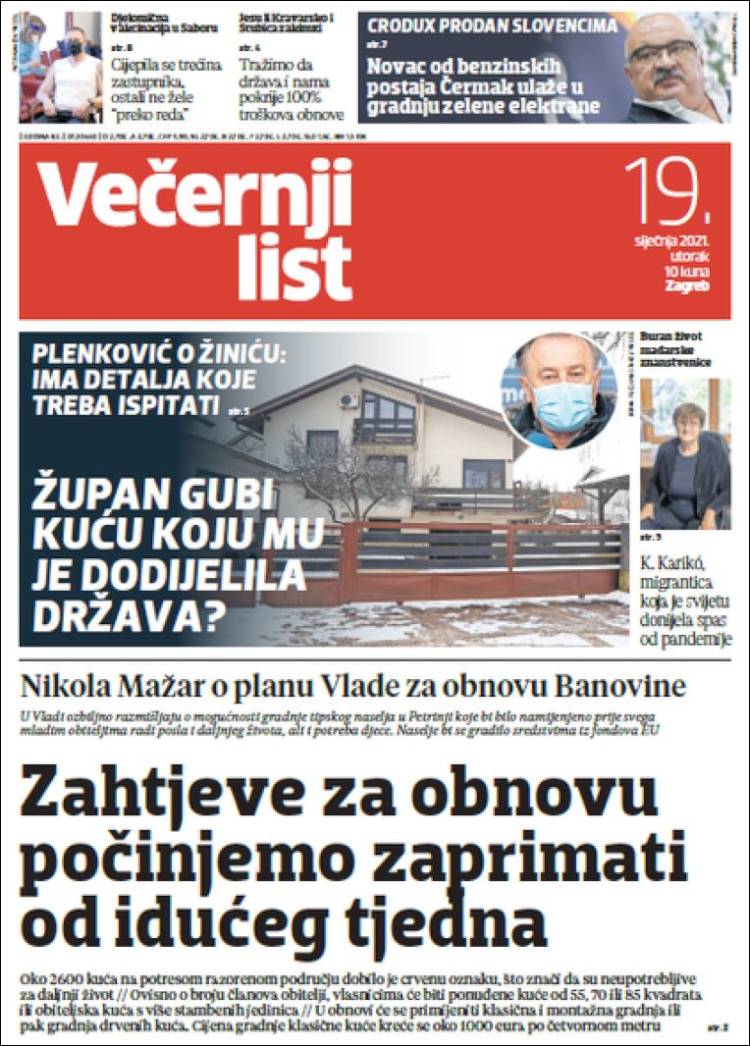 Portada de Večernji (Croacia)
