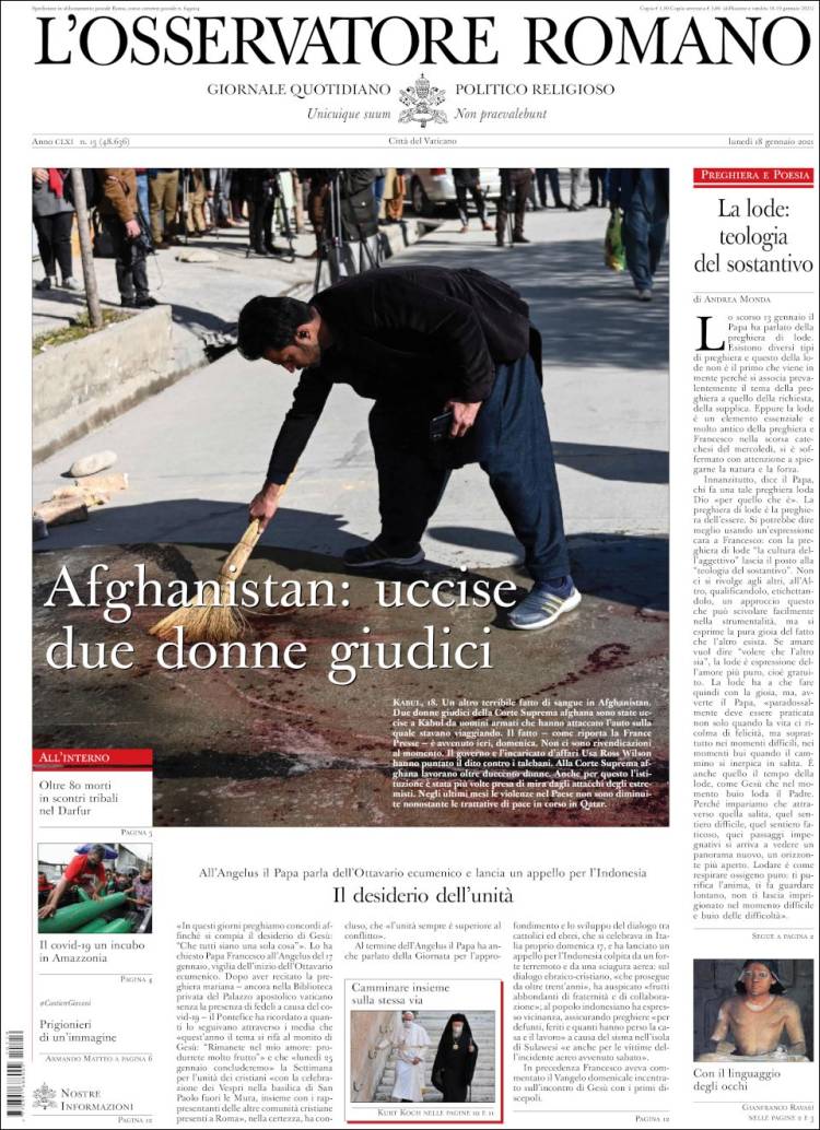 Portada de L'Osservatore Romano (Italia)