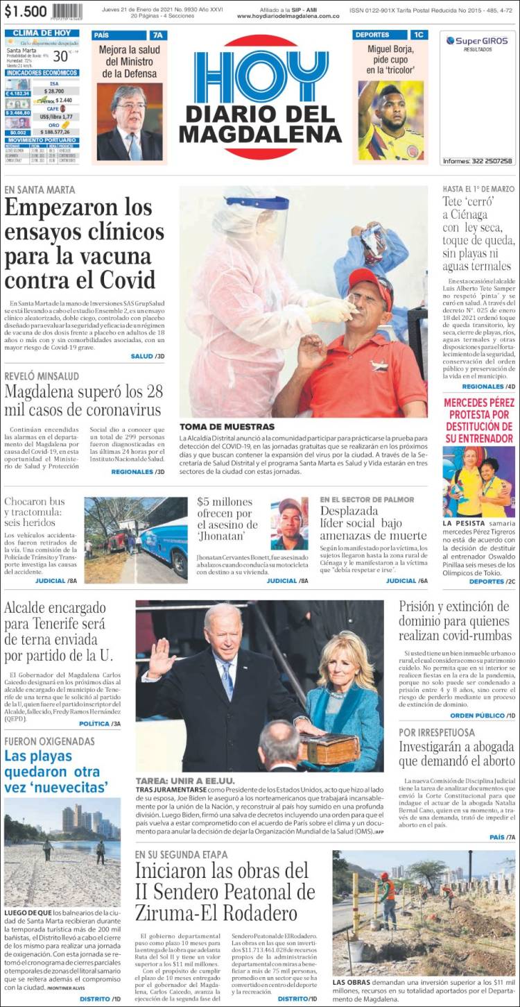 Portada de Hoy Diario del Magdalena (Colombia)