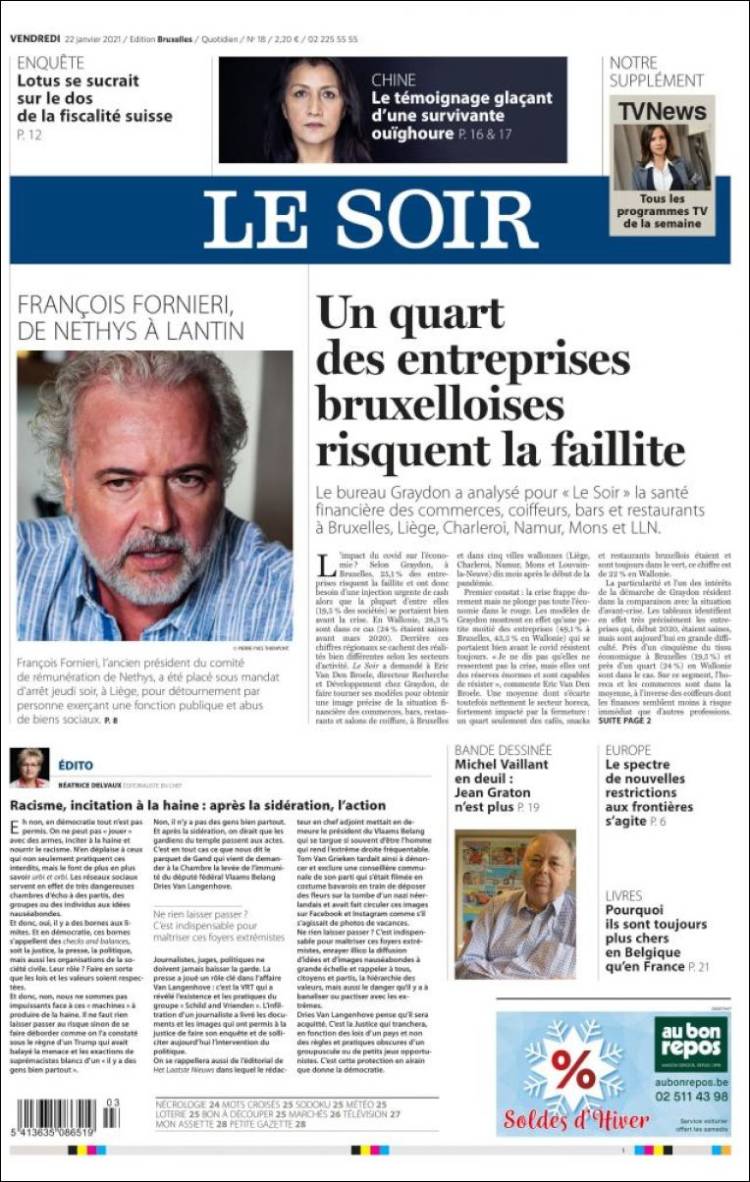 Portada de Le Soir (B&eacute;lgica)