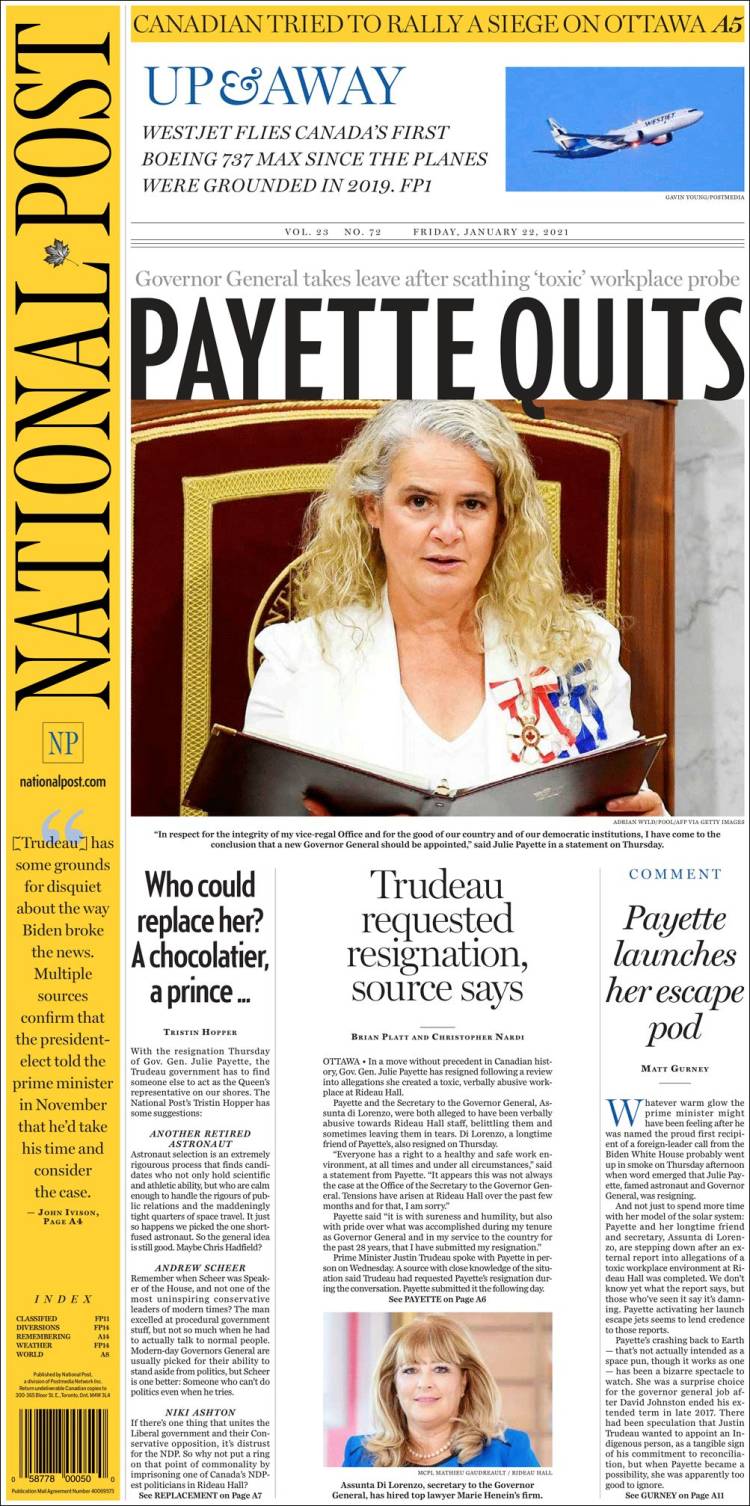 Portada de The National Post (Canada)