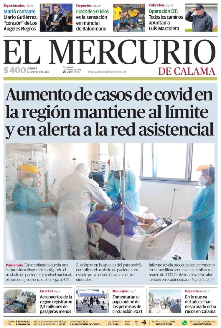 Portada de El Mercurio - Calama (Chile)