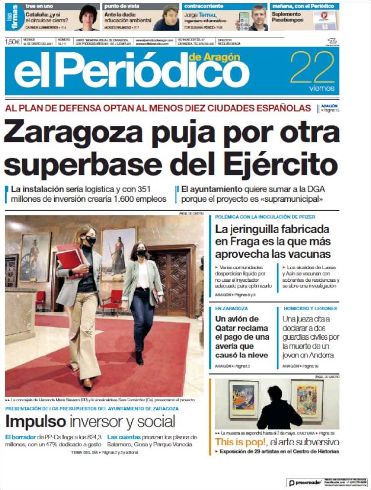 Portada de El Periódico de Aragón (España)