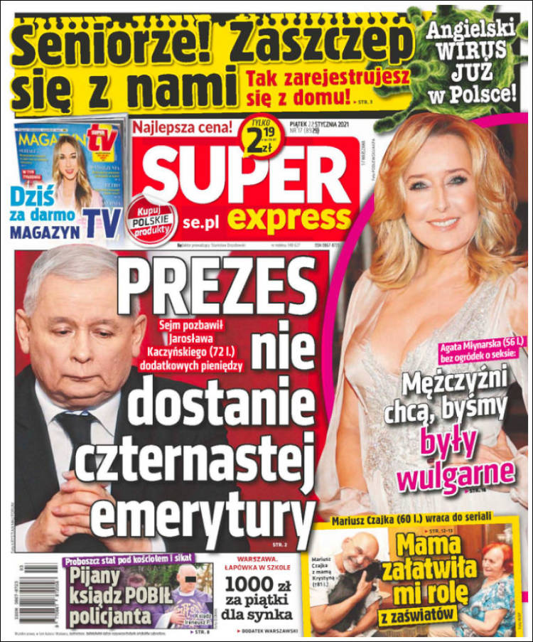 Newspaper Super Express (Poland). Newspapers in Poland. Friday's edition,  January 22 of 2021. 