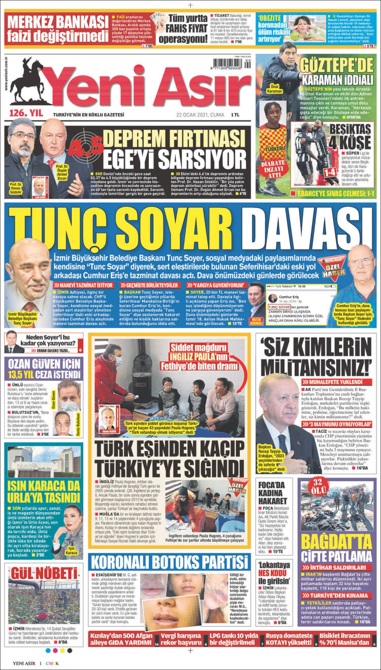 Portada de Yeni Asır (Turqu&iacute;a)