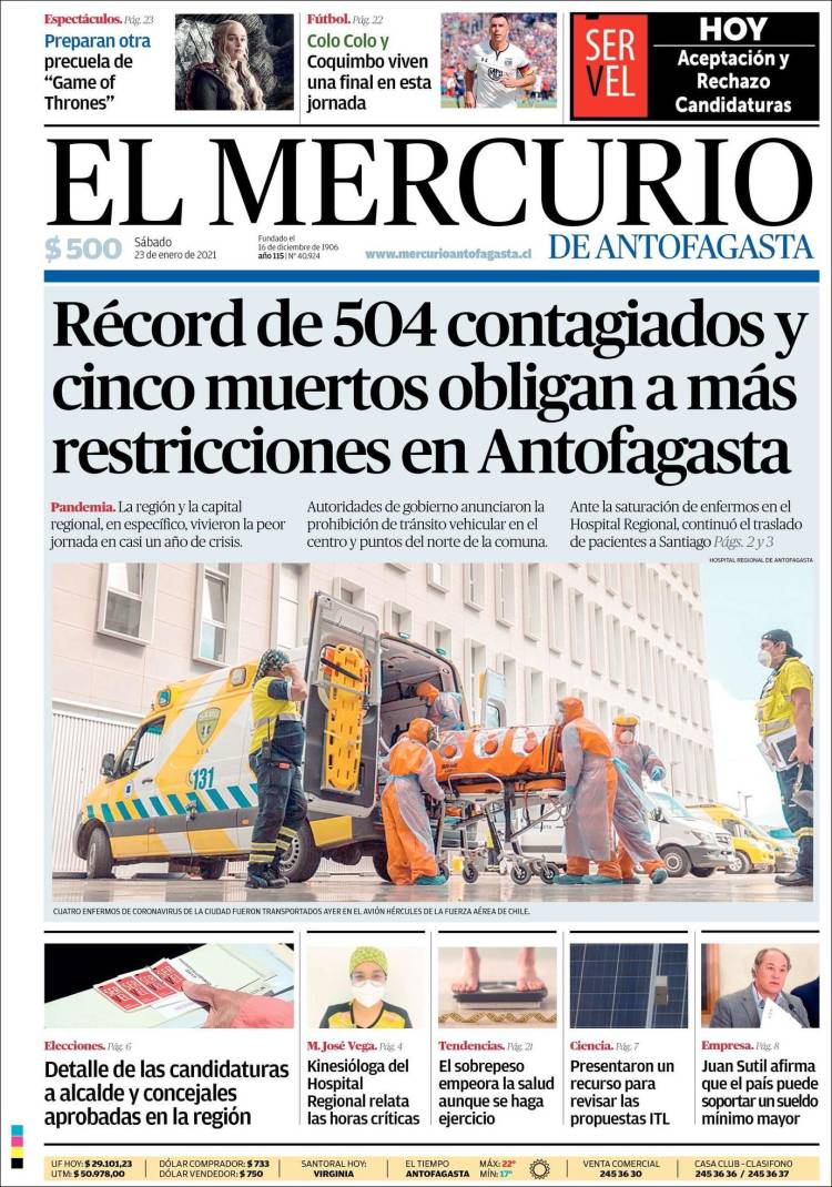 Portada de El Mercurio de Antofagasta (Chile)