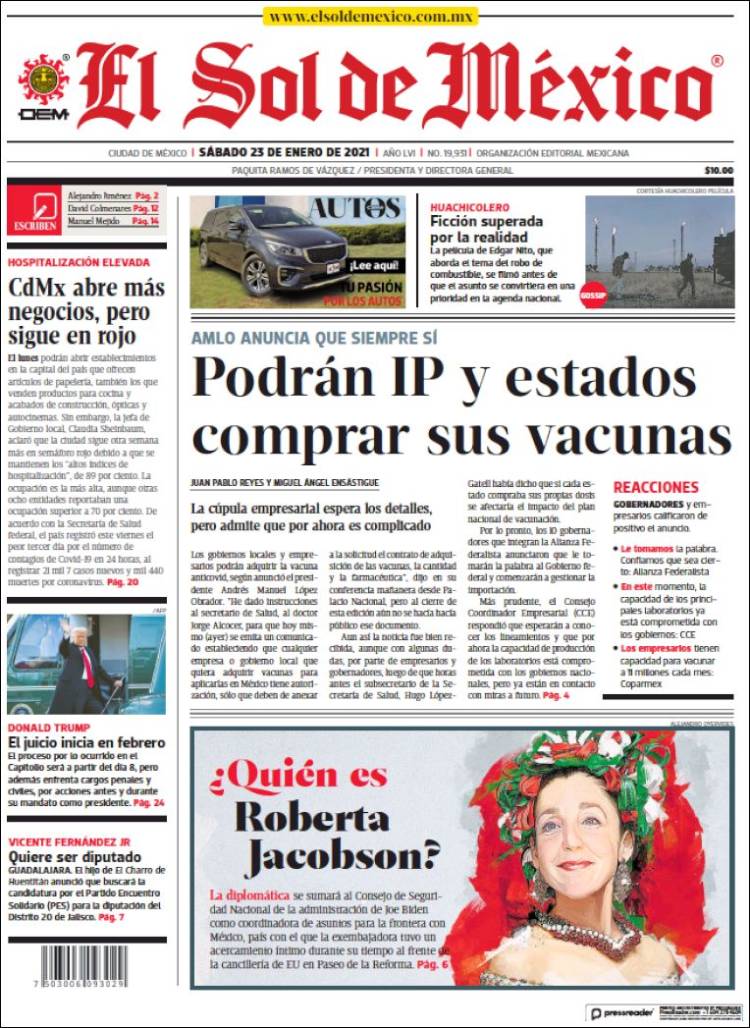 Periódico El Sol de México (México). Periódicos de México. Edición de  sábado, 23 de enero de 2021. 