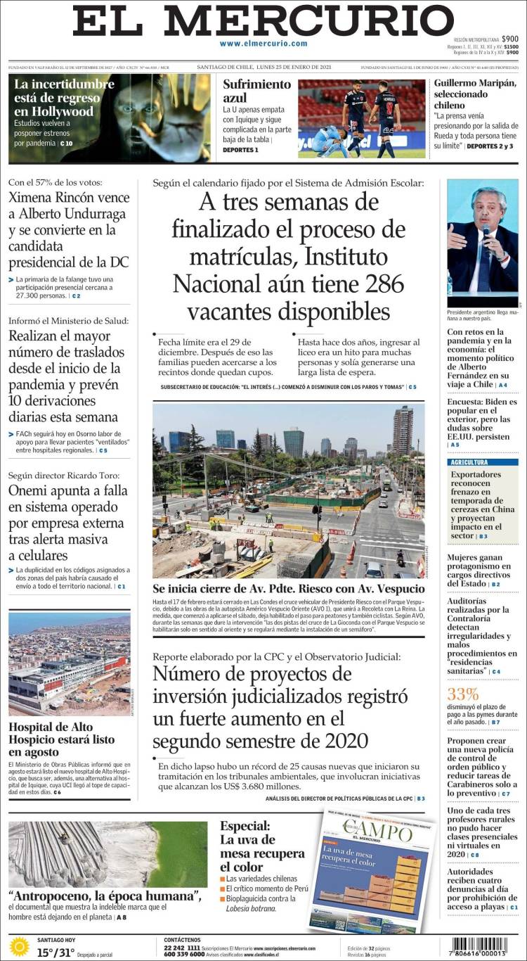 Portada de El Mercurio (Chile)