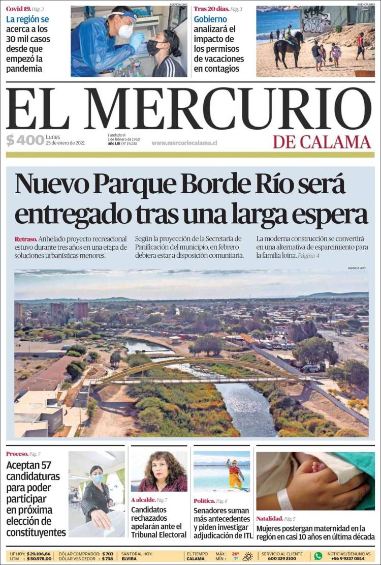 Portada de El Mercurio - Calama (Chile)