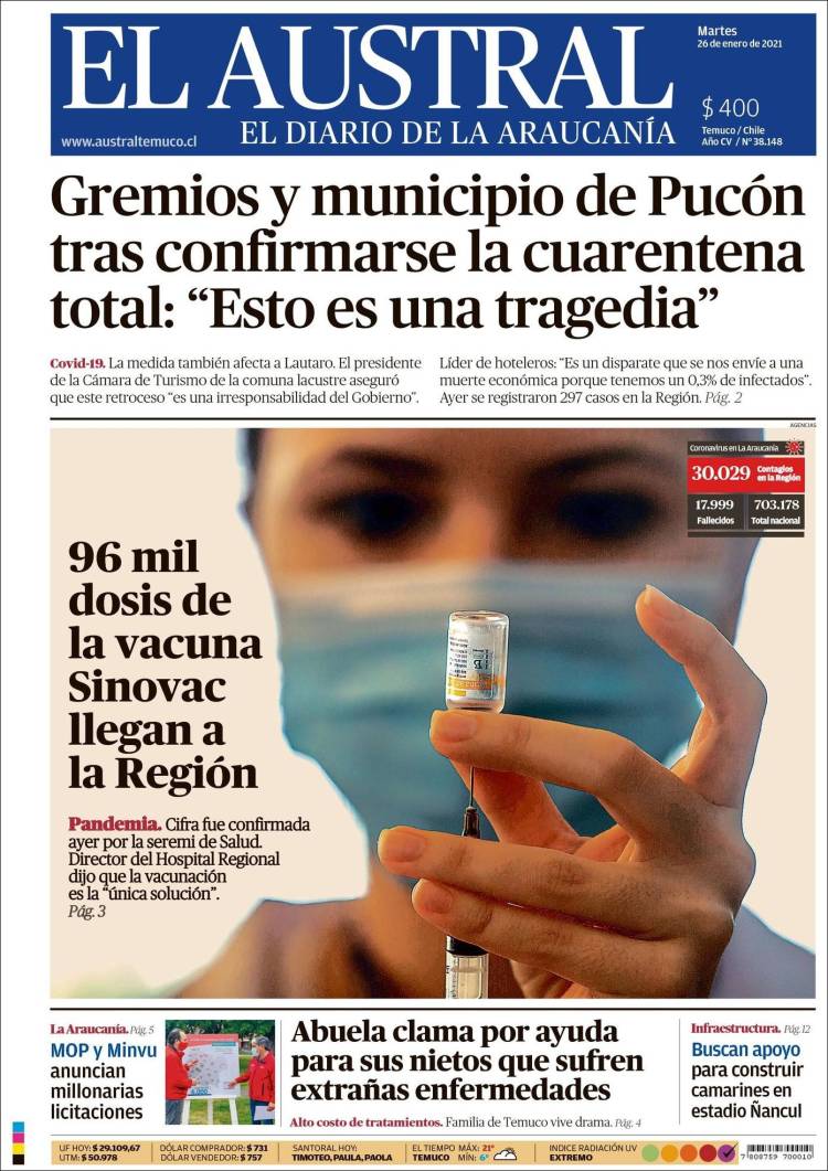 Portada de El Austral de Temuco (Chile)