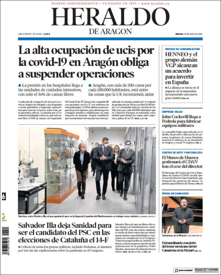 Portada de Heraldo de Aragón (España)