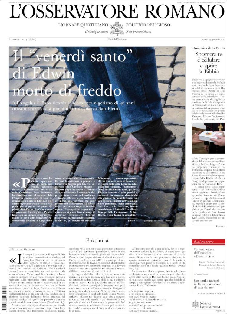 Portada de L'Osservatore Romano (Italia)