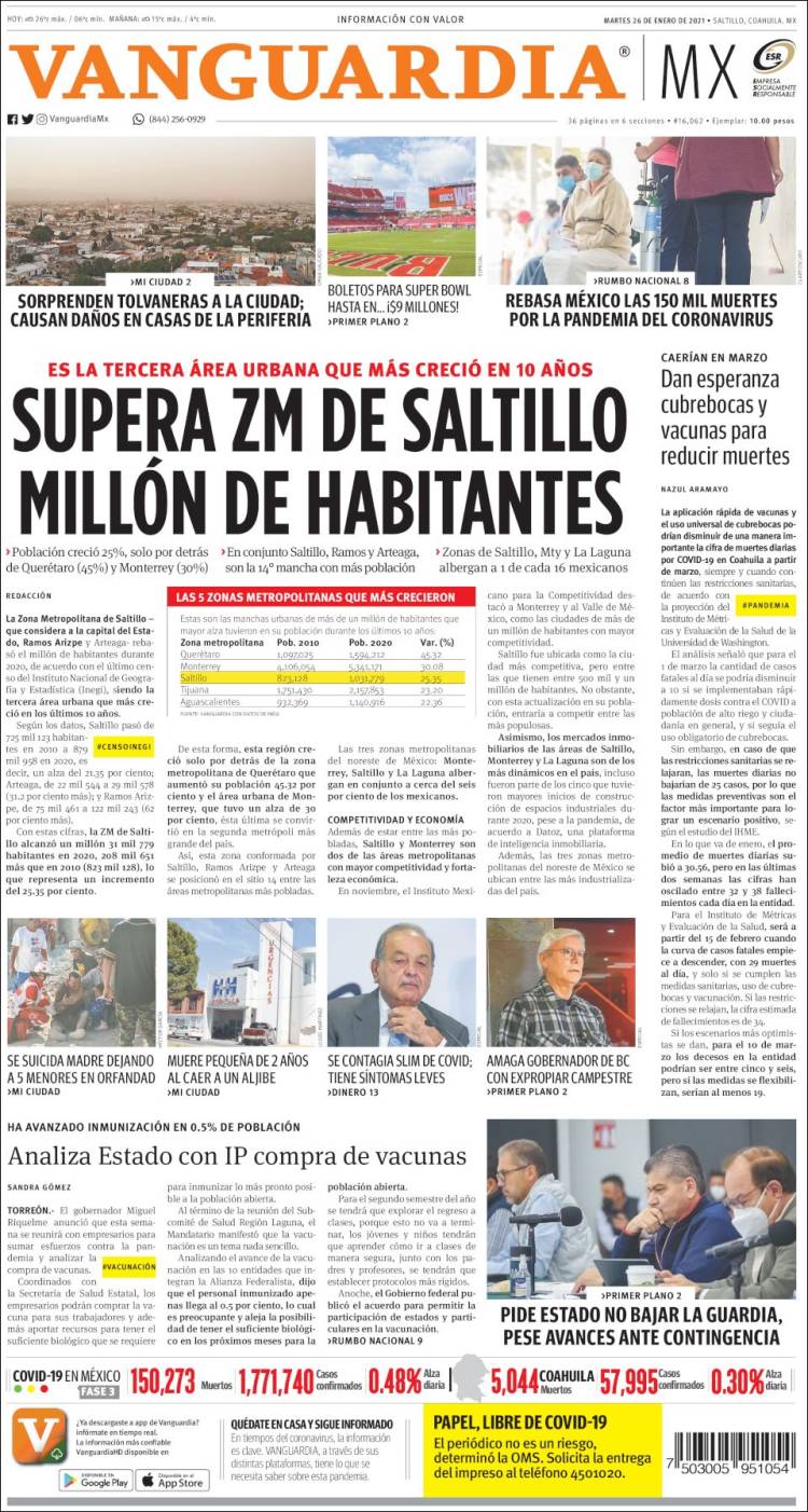 Portada de Vanguardia (M&eacute;xico)