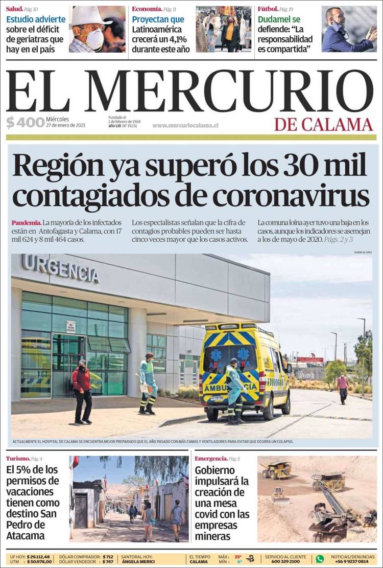Portada de El Mercurio - Calama (Chile)