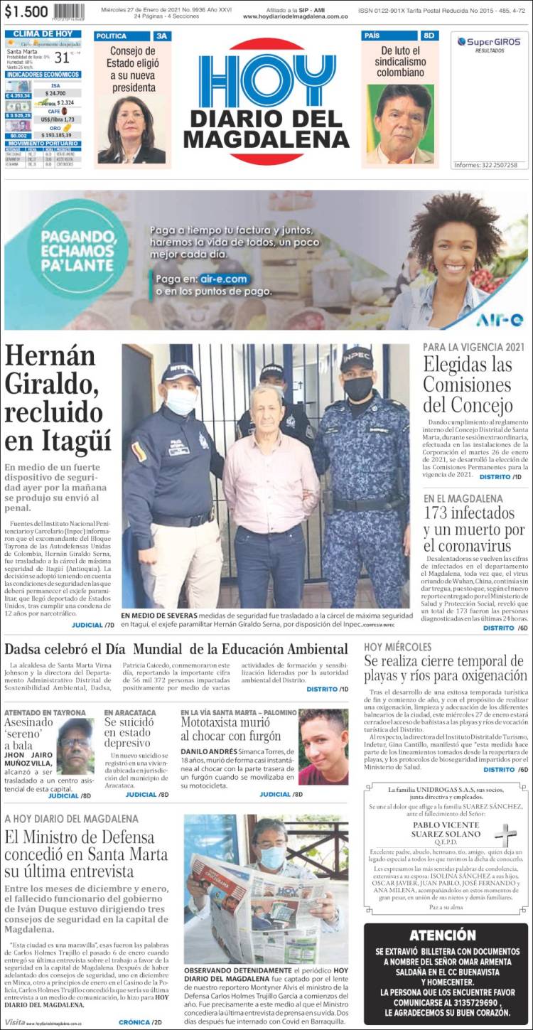 Portada de Hoy Diario del Magdalena (Colombia)
