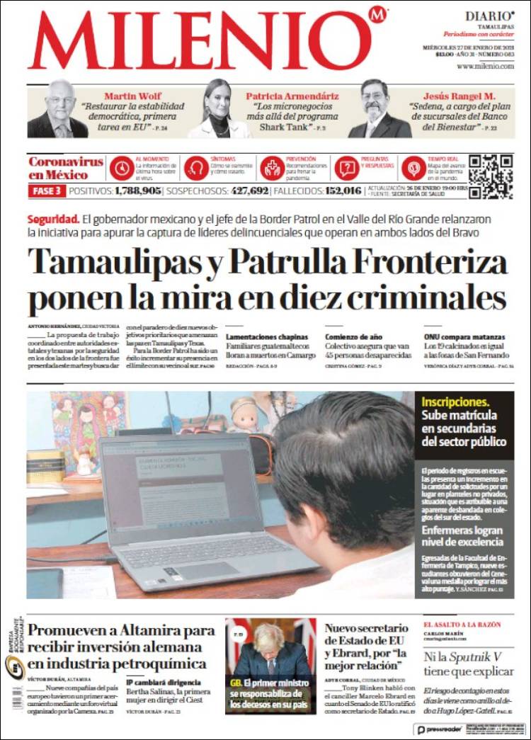 Portada de Milenio - Tamaulipas (México)