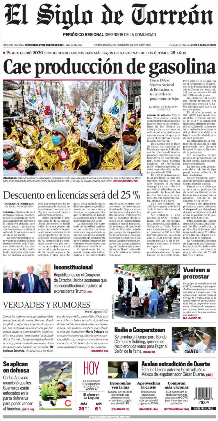 Portada de El Siglo de Torreon (M&eacute;xico)