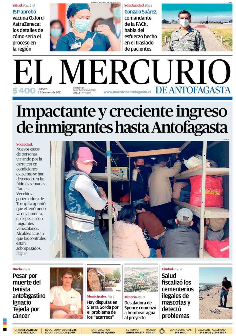 Portada de El Mercurio de Antofagasta (Chile)