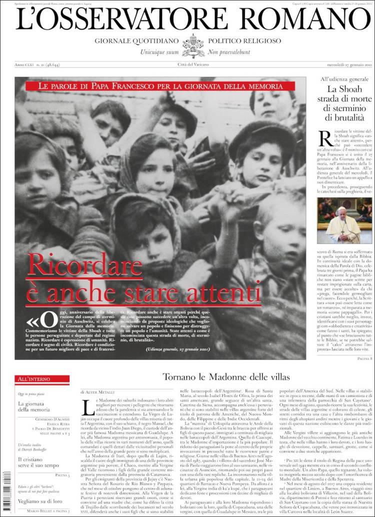 Portada de L'Osservatore Romano (Italia)