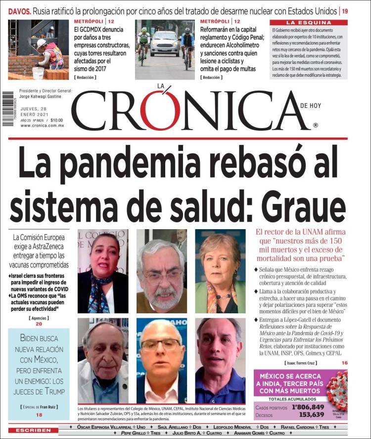 Periódico La Crónica de Hoy (México). Periódicos de México. Edición de  jueves, 28 de enero de 2021. 