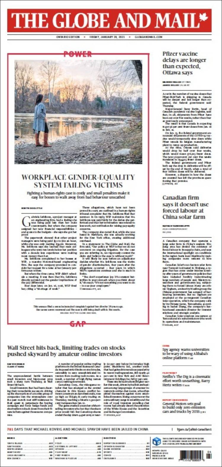 Portada de The Globe and Mail (Canada)