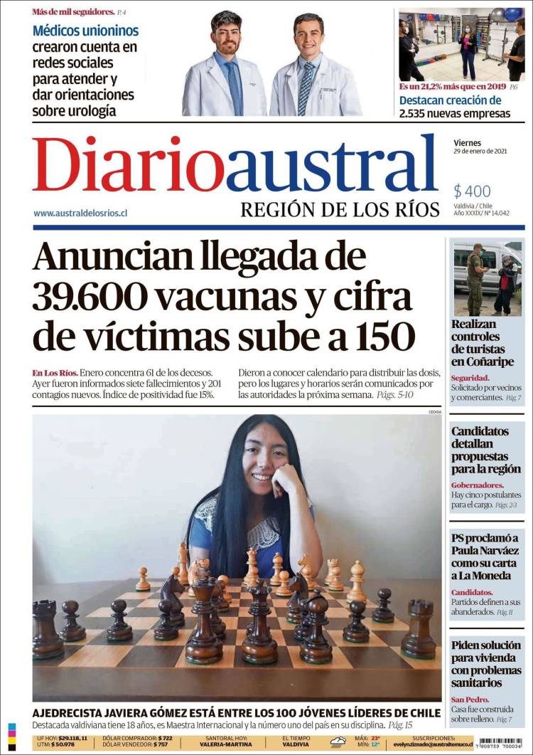 Portada de El Diario Austral de Valdivia (Chile)