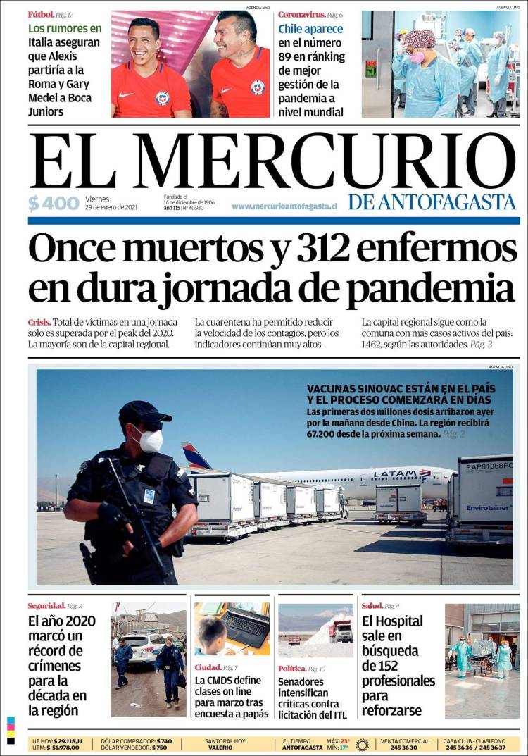 Portada de El Mercurio de Antofagasta (Chile)