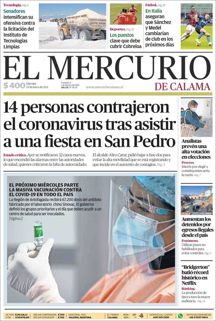 Portada de El Mercurio - Calama (Chile)
