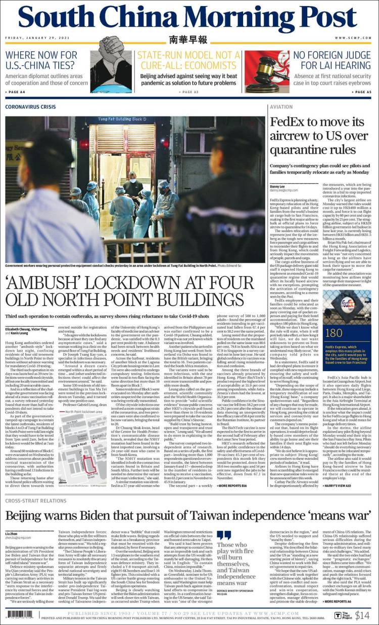 Portada de South China Morning Post (China)