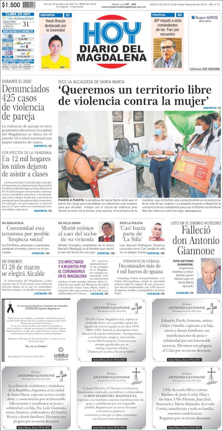 Portada de Hoy Diario del Magdalena (Colombia)