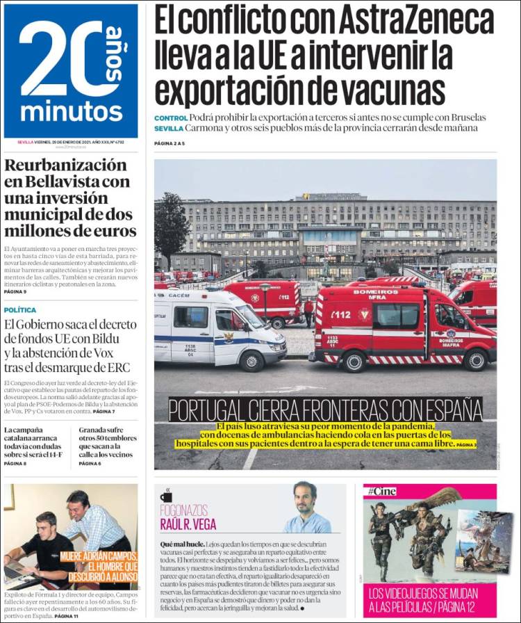 Portada de 20 Minutos - Sevilla (Espa&ntilde;a)