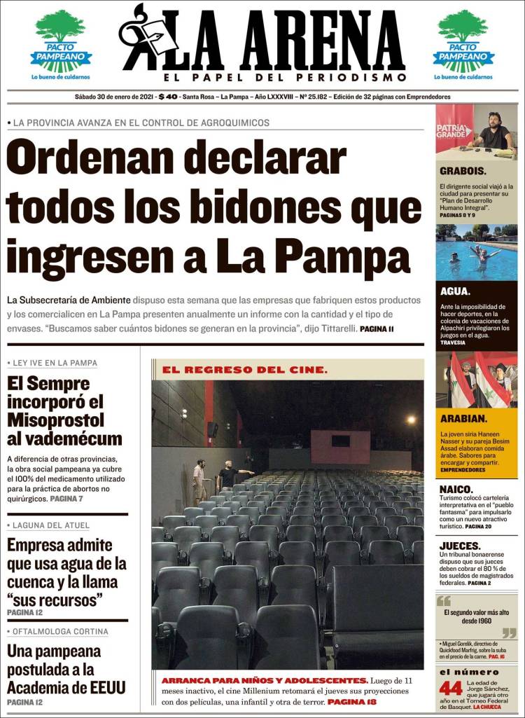 Portada de Diario La Arena (Argentina)