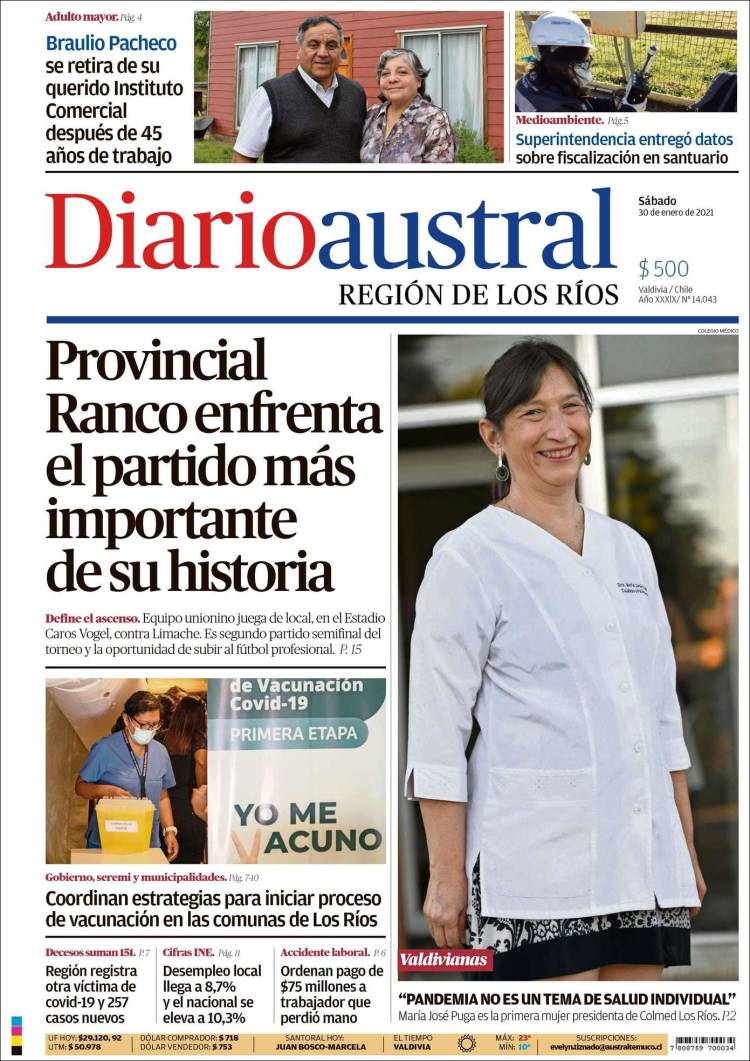 Portada de El Diario Austral de Valdivia (Chile)
