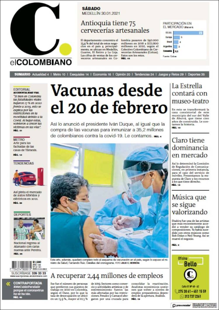 Periódico El Colombiano (Colombia). Periódicos de Colombia. Edición de  sábado, 30 de enero de 2021. 