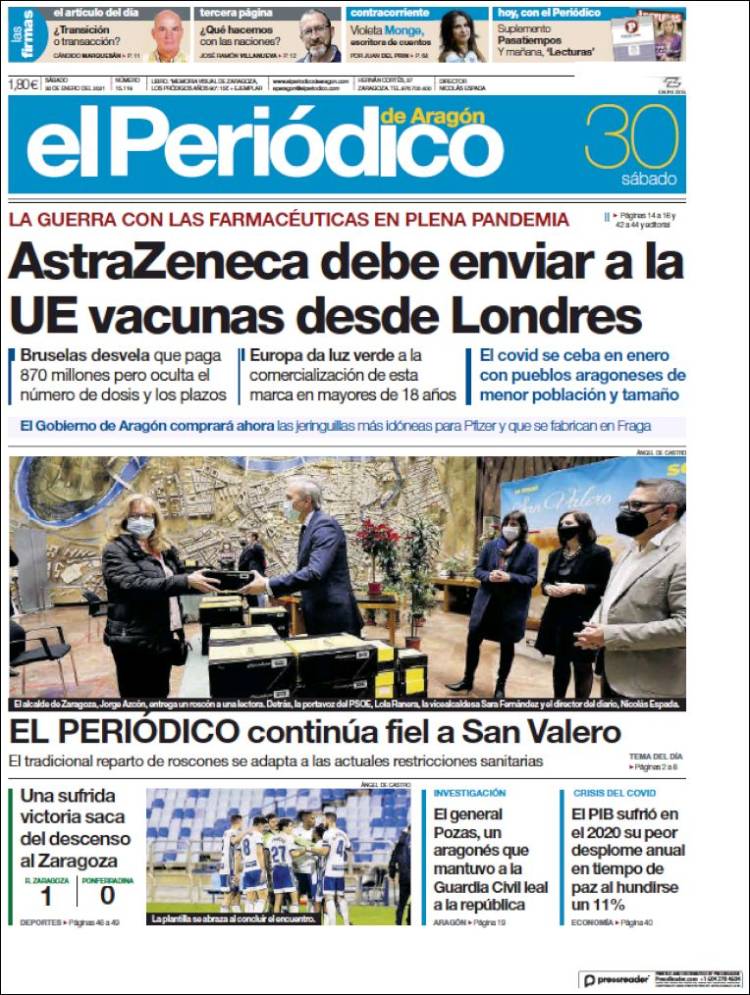 Portada de El Periódico de Aragón (España)