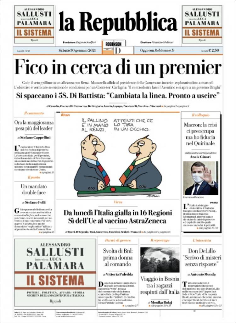 Portada de La Repubblica (Italia)