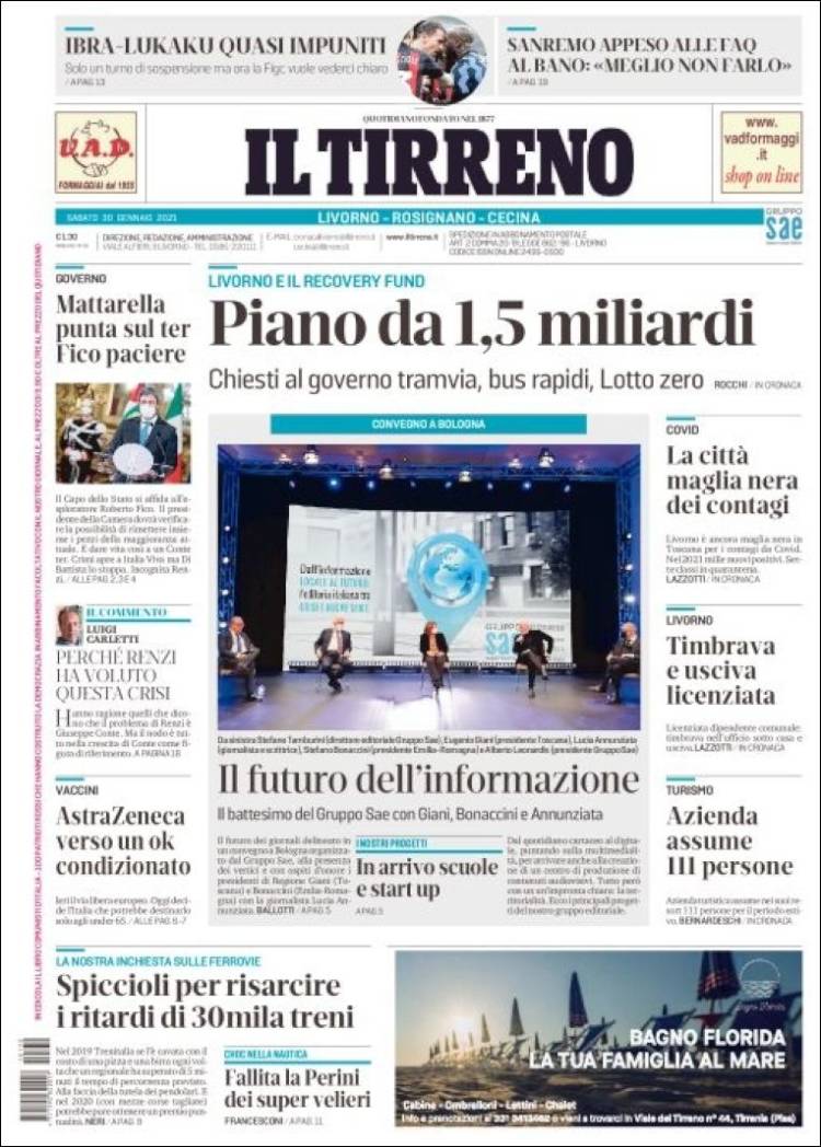 Portada de Il Tirreno (Italia)