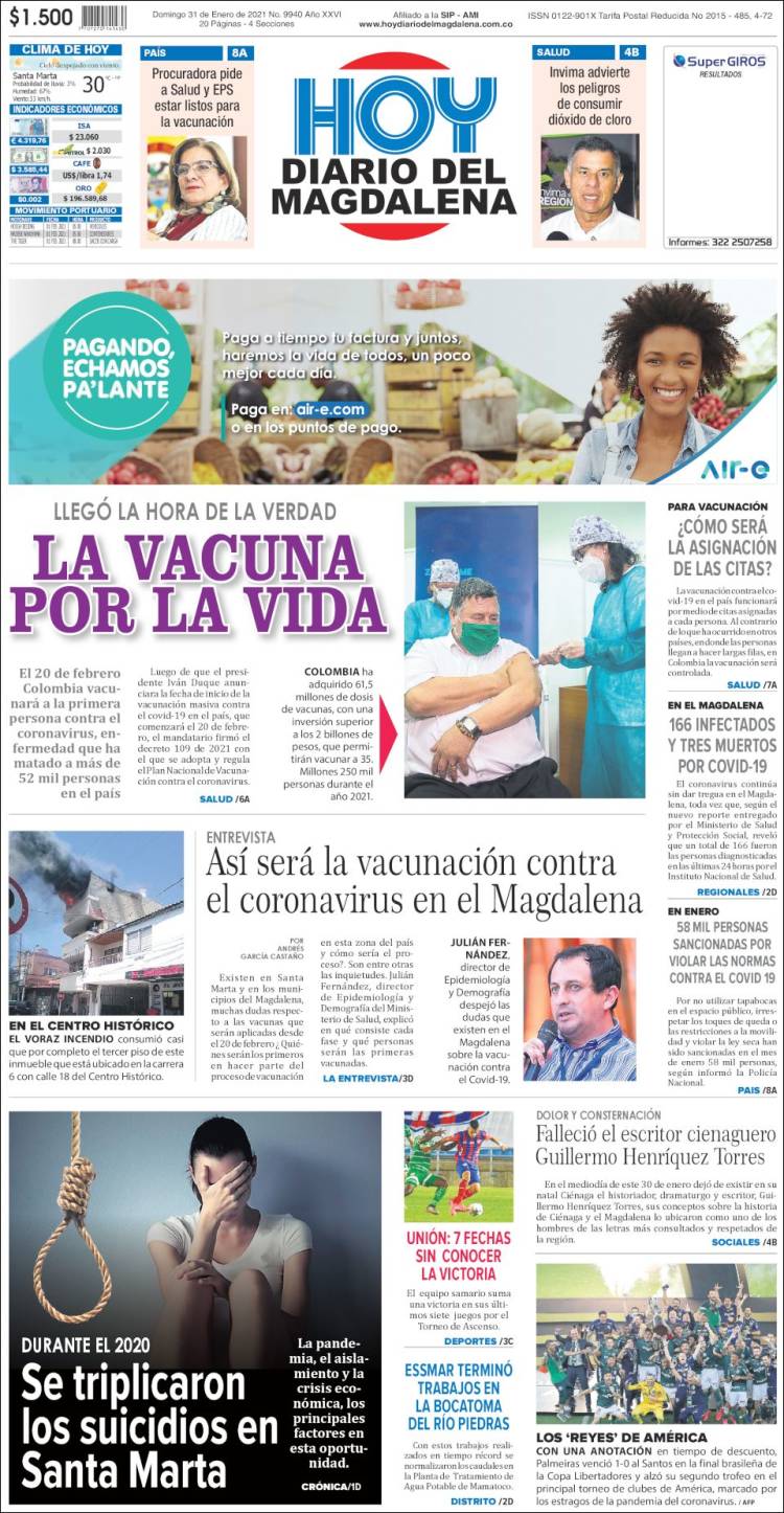 Portada de Hoy Diario del Magdalena (Colombia)
