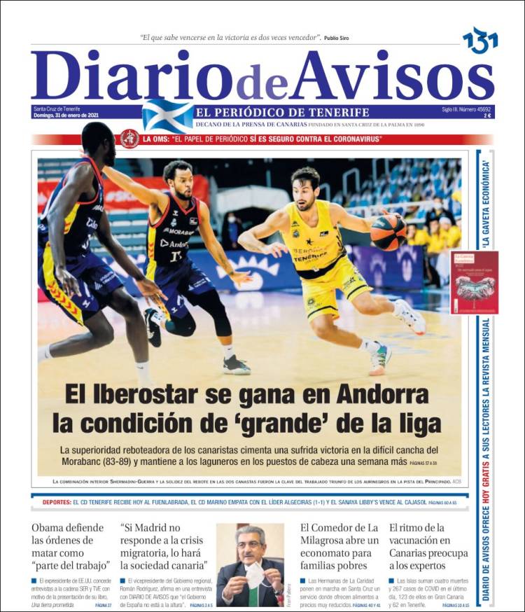 Portada de Diarios de Avisos (Espagne)