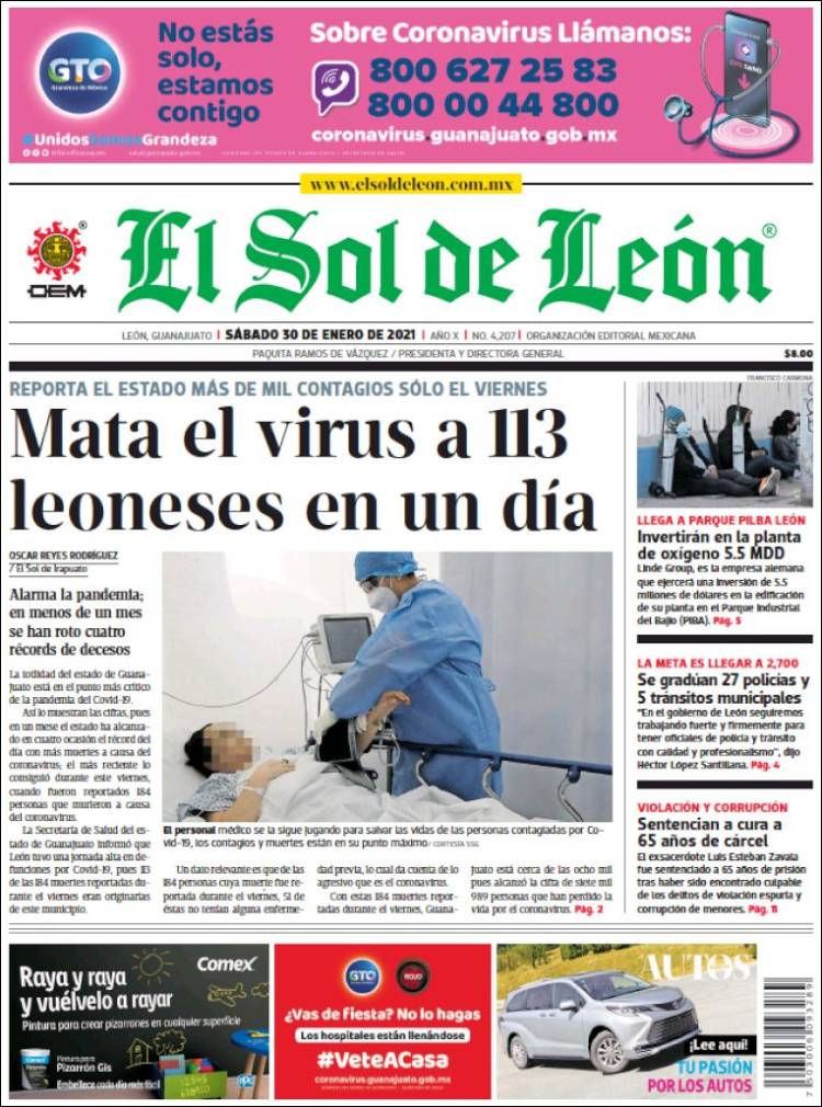 Newspaper El Sol de León (Mexico). Newspapers in Mexico. Sunday's edition,  January 31 of 2021. 
