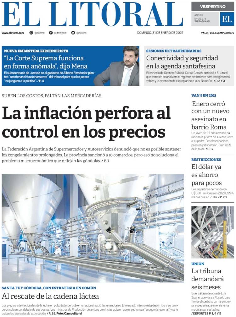 Portada de Diario El Litoral (Argentina)