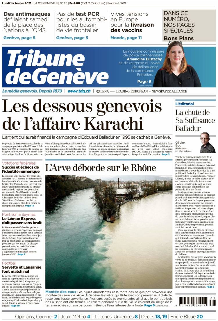 Portada de La Tribune de Genève (Suisse)
